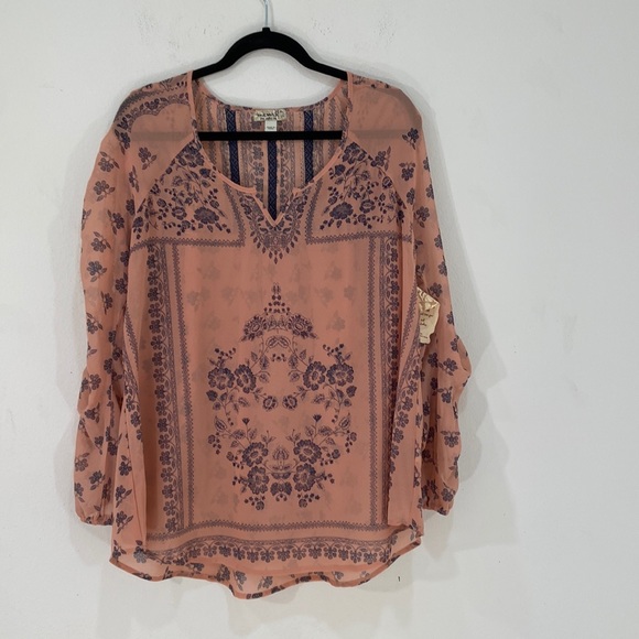 One World Peachy Pink w/ Navy Border Print Sheer Top New With Tags, Size- XL